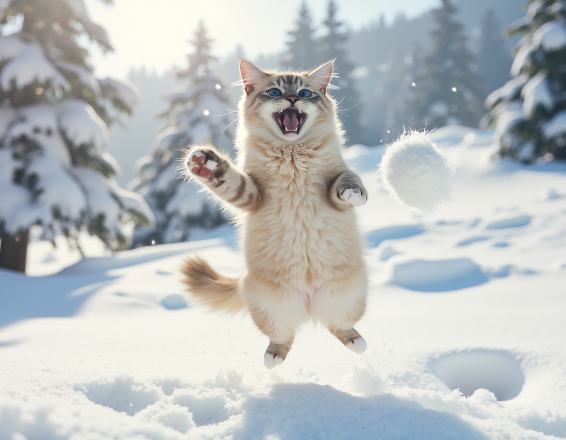 Cat leaps into the air, playfully trying to catch a snowball as it enjoys the winter wonderland with enthusiasm and excitement.